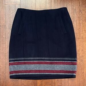 Talbots Wool Blend Navy Blue Wool Skirt with Red and Gray Stripes, Size 6